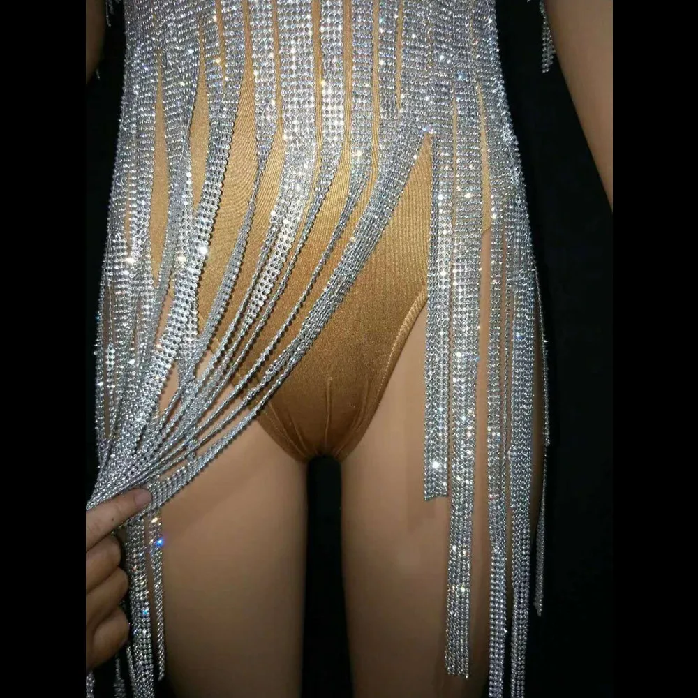 Shining Rhinestones Long Tassel Party Bodysuits Nightclub Sexy Fringes Leotard Women Jazz Singer Dancer Bodysuit Stage Clothing
