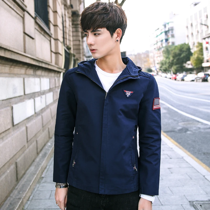 Мужская куртка с капюшоном вышивкой свободного покроя для весны и осени | одежда