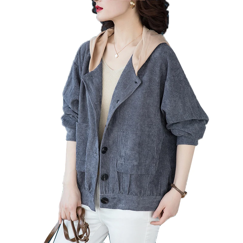 

Hooded Corduroy Women's Jacket Coat 2020 Spring Autumn New Plus Size 5XL Casual Ladies Jacket Single Breasted Outwear Tops K1127