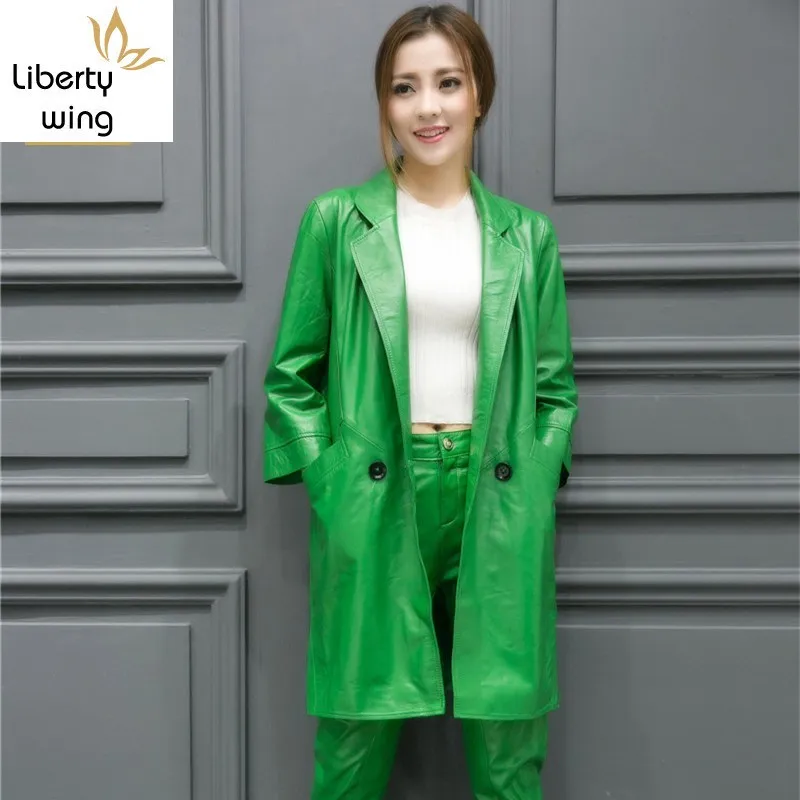 Женский Длинный Тренч из натуральной овчины зеленая офисная уличная куртка