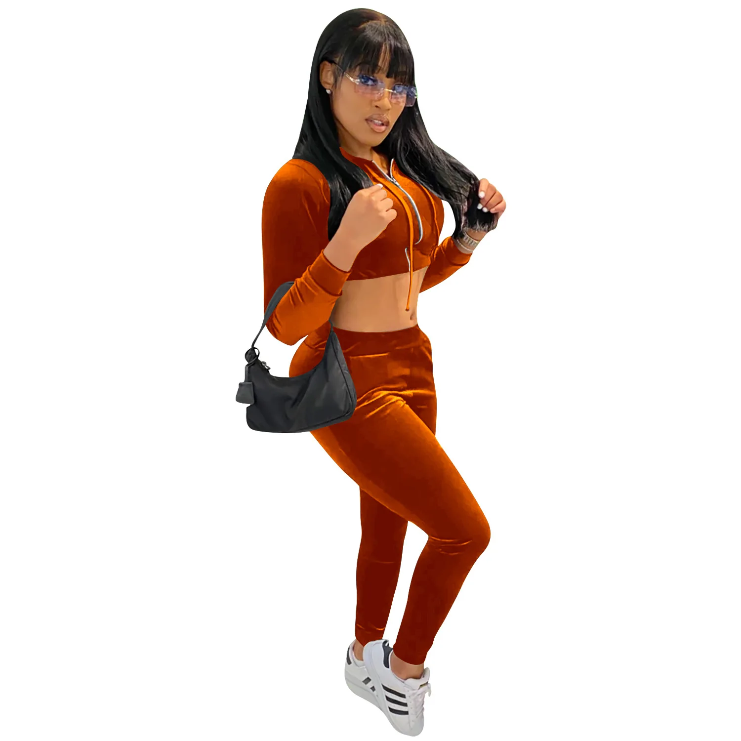 

Cutubly Hooded Women Set Autumn Velvet 2 Piece Set Crop Top Long Pants Set Tracksuit Casual Women Fashion Two Piece Outfit