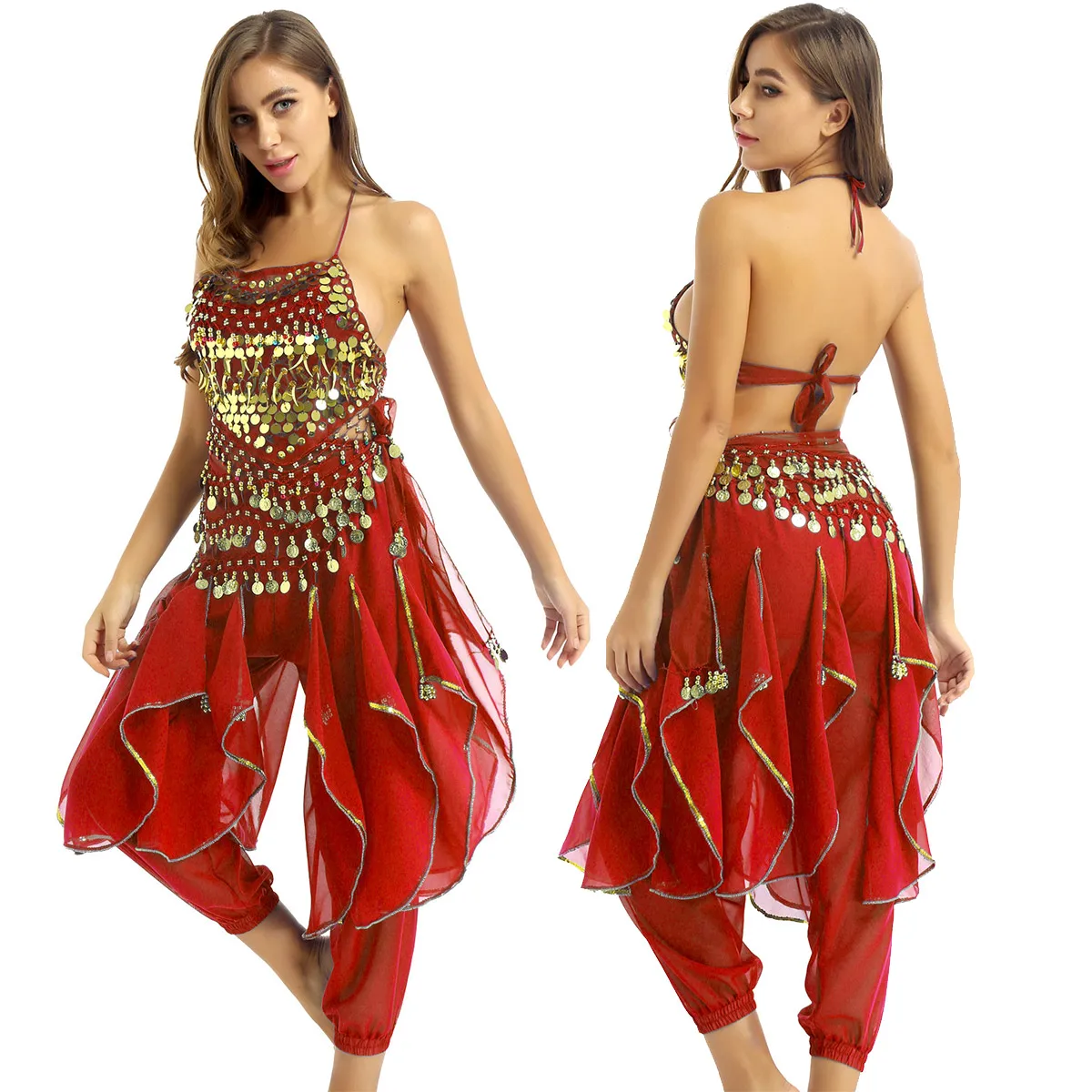 Women India Belly Dance Costume Outfit Indian Performance Clothes Halter Neck Top With Harem Pants And Hip Scarf Dancewear | Тематическая