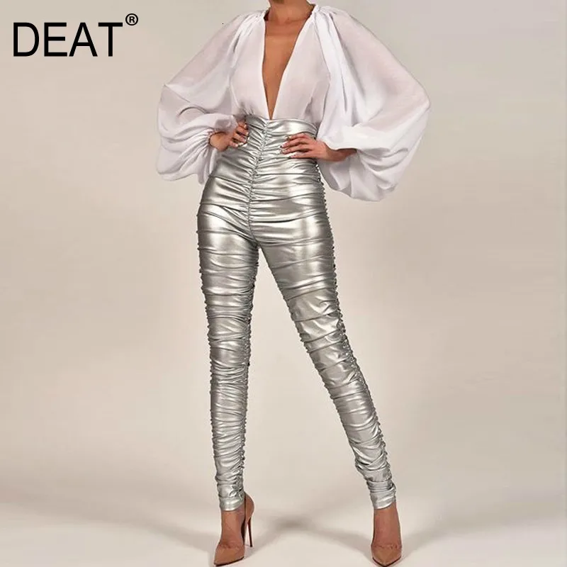 DEAT 2021 весенние сексуальные штаны с высокой талией облегающие серебристые