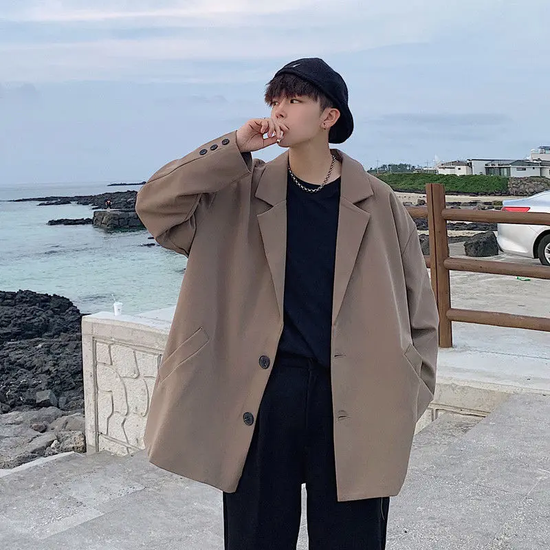 

Осенний Блейзер оверсайз в Корейском стиле, Мужская модная однотонная деловая повседневная куртка, Мужская Уличная одежда, свободный костю...