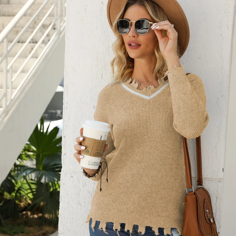 

Женский потертый свитер с длинным рукавом, сексуальные вязаные крючком Свободные рваные топы с V-образным вырезом, пуловер, туника