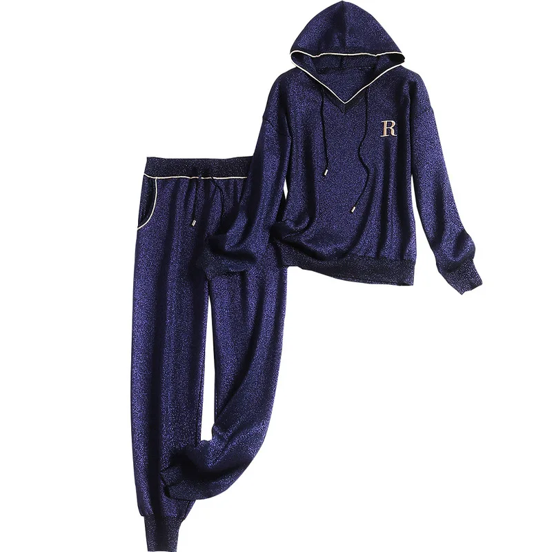 Женский худи с вышивкой свитер + брюки комплект из двух предметов женский зимний