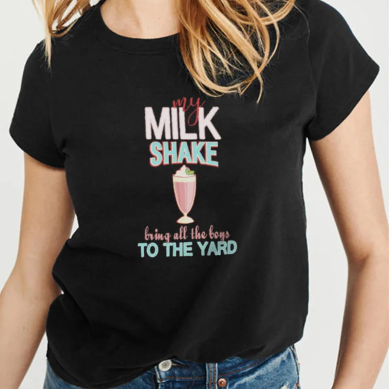 

MH25 Summer Woman Tshirts Streetwear Cute Top Clothes Women Short Sleeve O-neck Funny Letter Print Milk Shake Graphic T Shirts