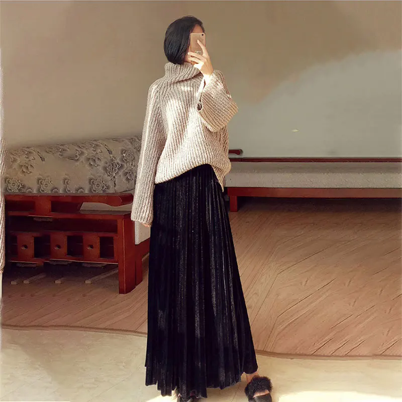 

Женская длинная бархатная юбка, золотистая Повседневная плиссированная юбка с высокой талией и эластичным поясом, 90 см, в Корейском стиле, О...
