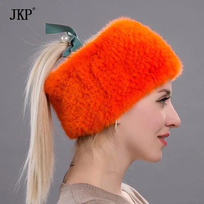 JKP Новые натуральные норковые меховые повязки на голову эластичный шарф настоящий меховой шарф из норки Роскошные модные аксессуары для волос для девочек - Цвет: HW 05D