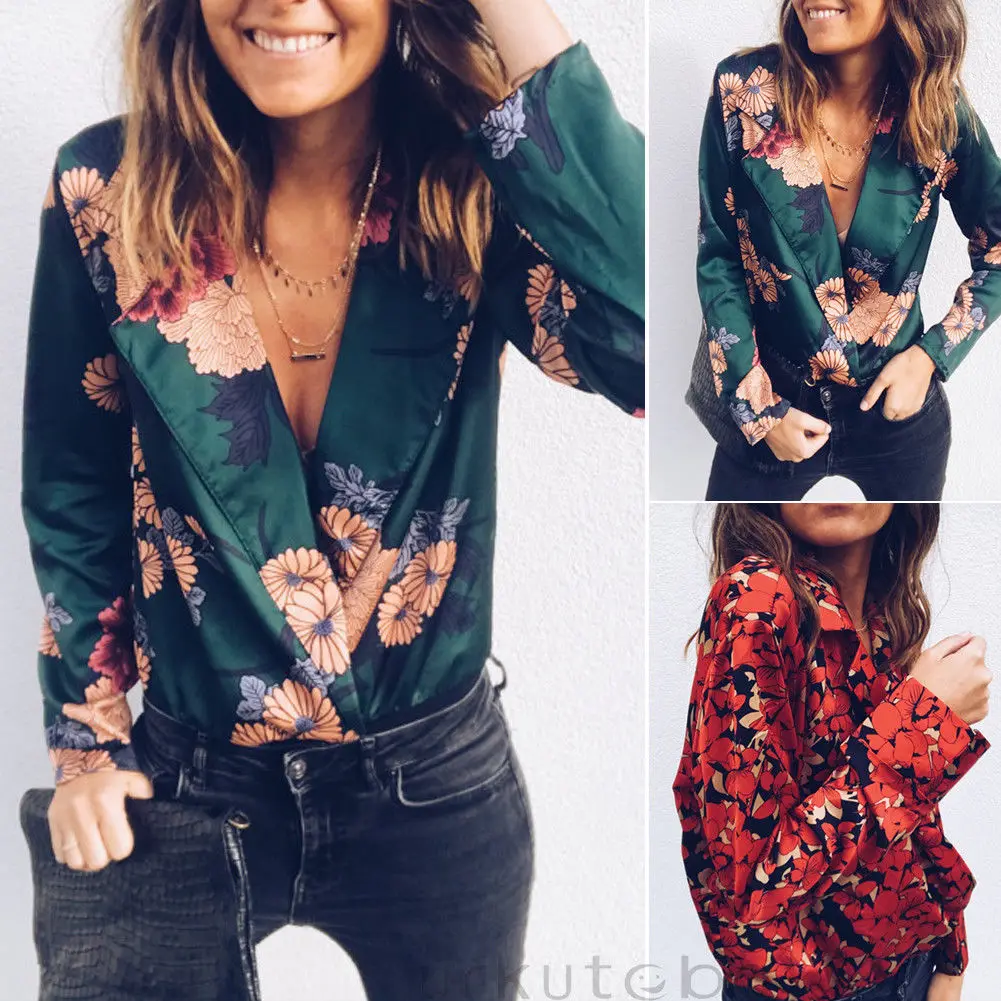 

New Trendy Flower Bodysuits Romper Women Deep V Neck Floral Print Bodysuits Casual Long Sleeve Wrap Over Satin Combinaison Femme