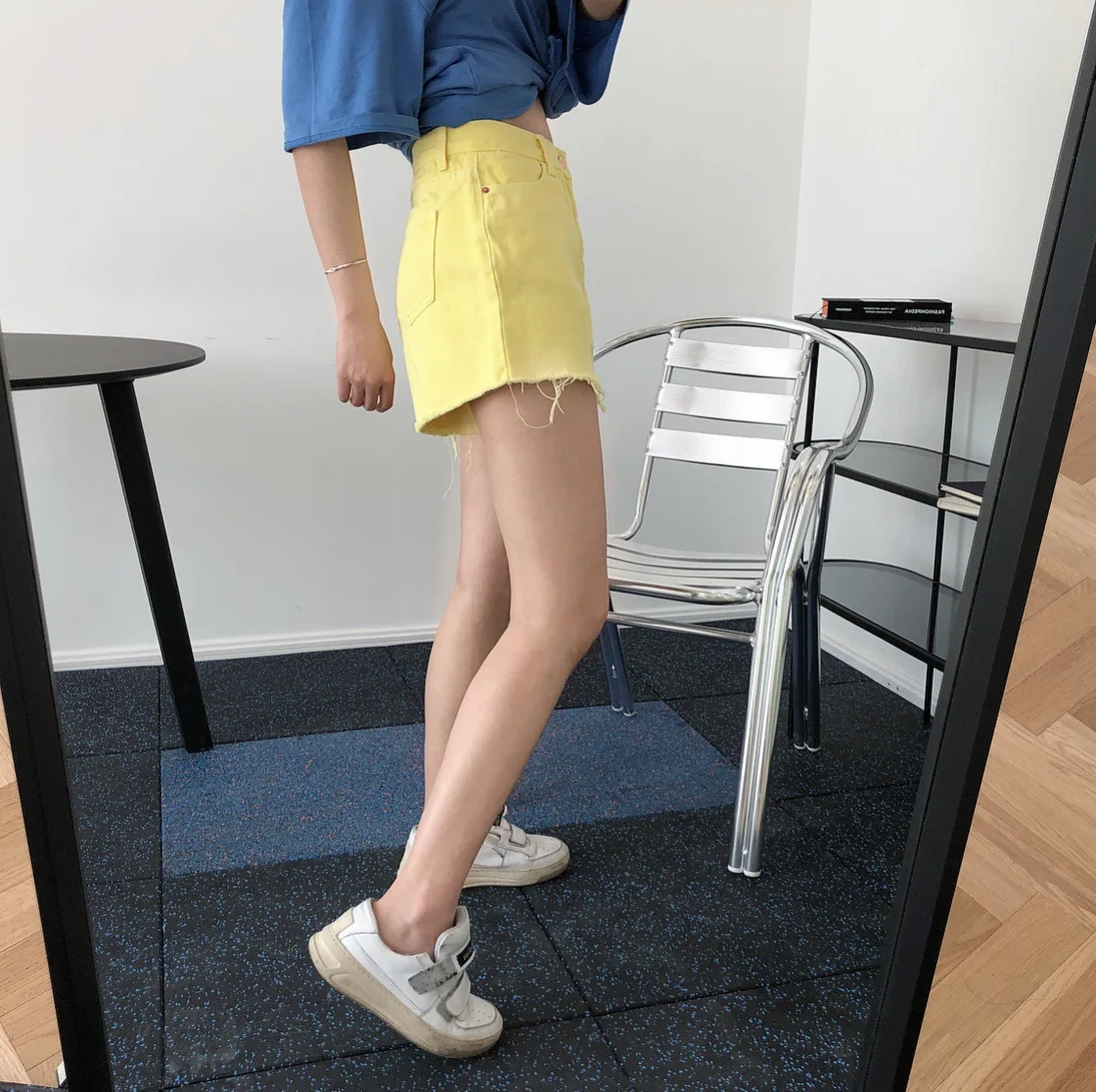 

Summer New Korean Ins Lemon Yellow High-waisted A-line Denim Shorts Loose Thin Wild Wide-leg Raw-edged Hot Women