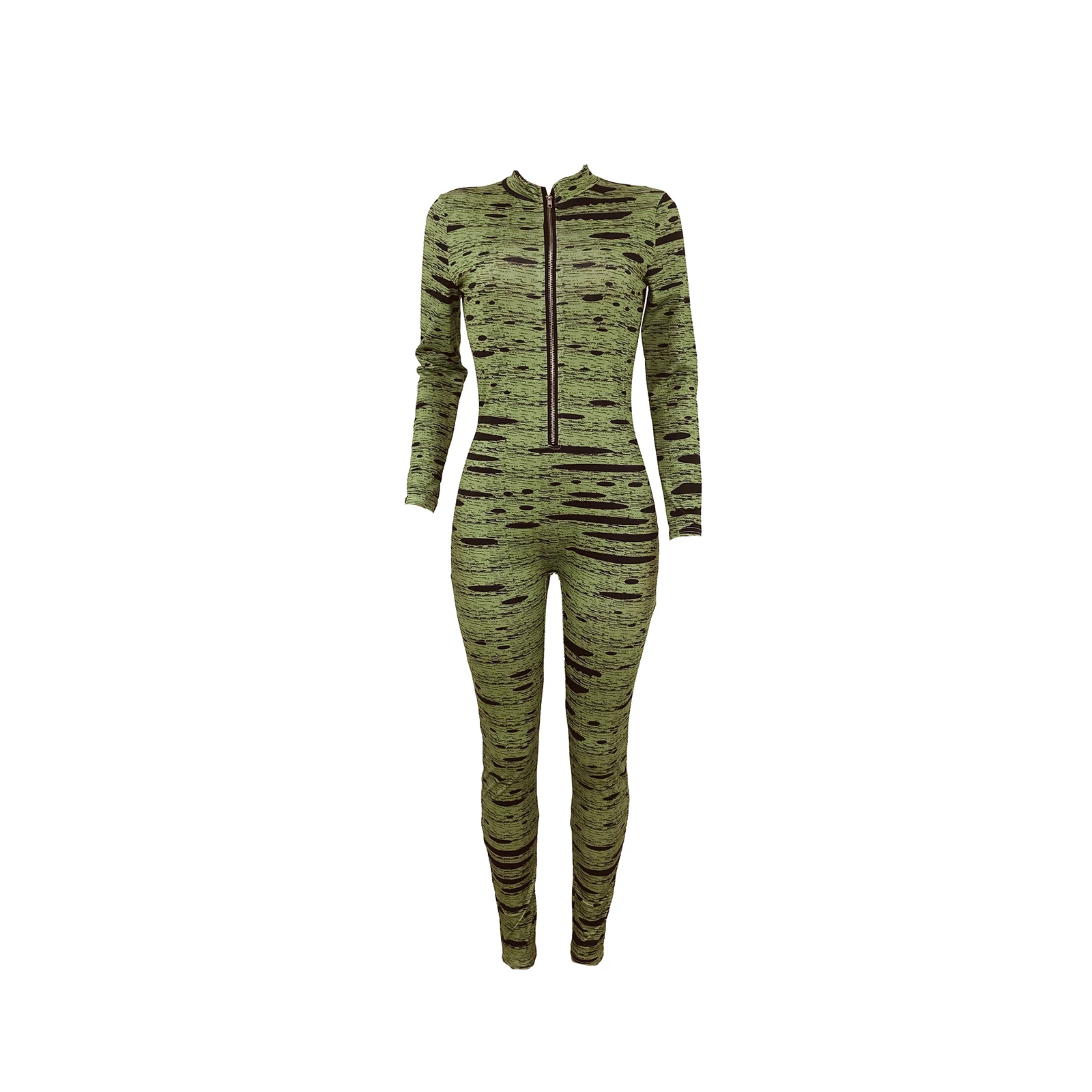 

Women Long Sleeve Jumpsuit, Digital Printing Smooth Metal Zipper Sexy Slim Fit Spring Clothing
