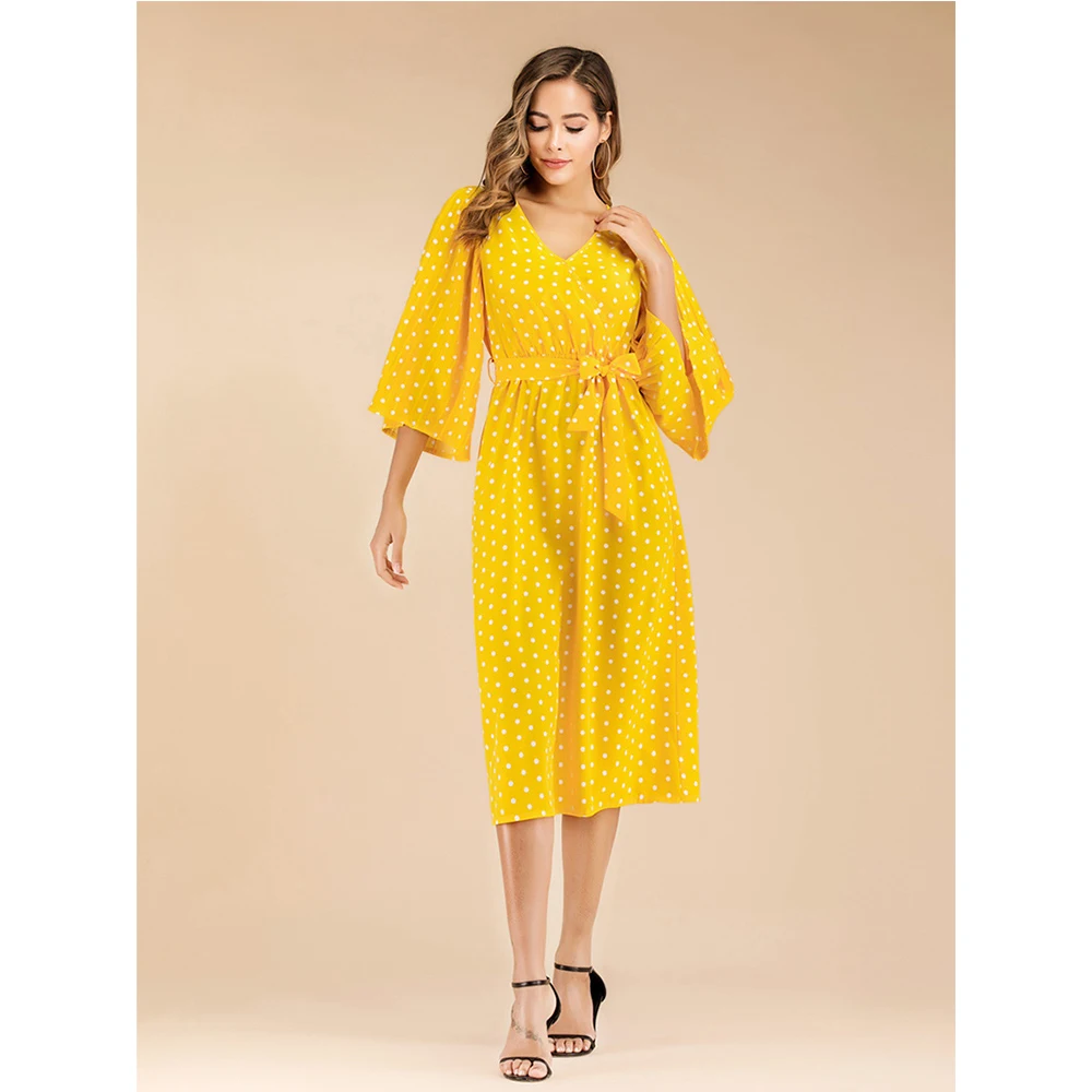 Женское винтажное длинное платье в горошек желтое элегантное облегающее