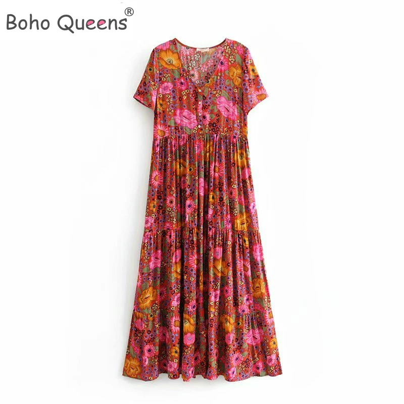 Boho Queens Пляжное богемное Макси платье на шнуровке с цветочным принтом женская одежда из вискозы летнее happie