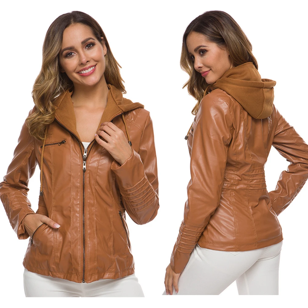 Весенне-осенняя куртка из искусственной кожи с капюшоном и воротником женская