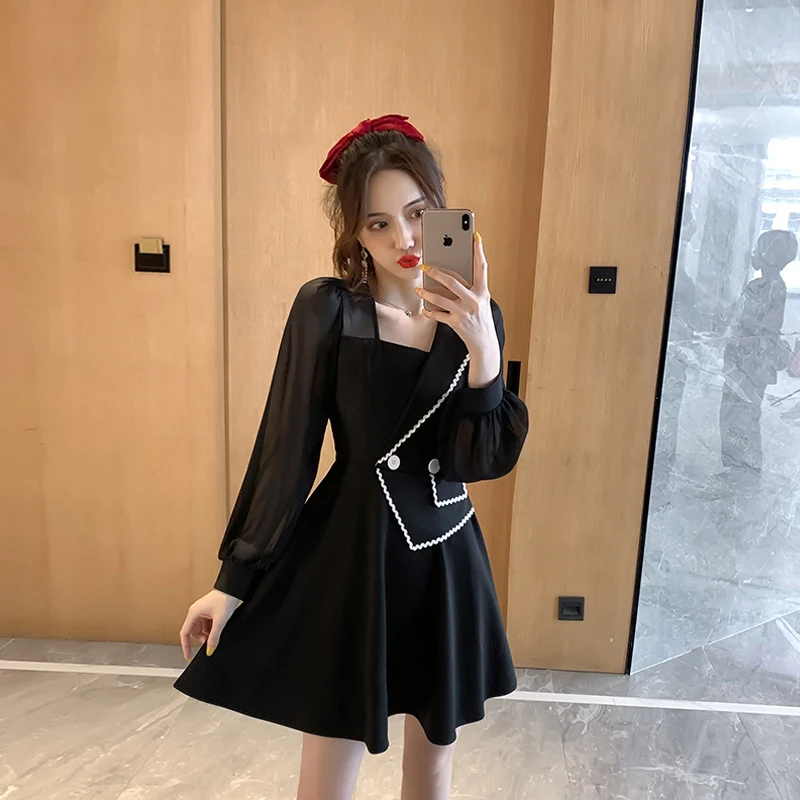 

new arrival work style comfortable black mini a-line dress temperamental chiffon perspective elegant fresh simple dress