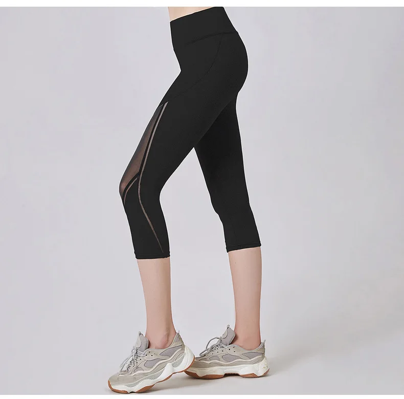 Summer Women Sport Leggings Cropped Yoga Pant Elastic Mesh Capris Quick Dry Running Crop Trousers Female Gym Pant Fitness Tights