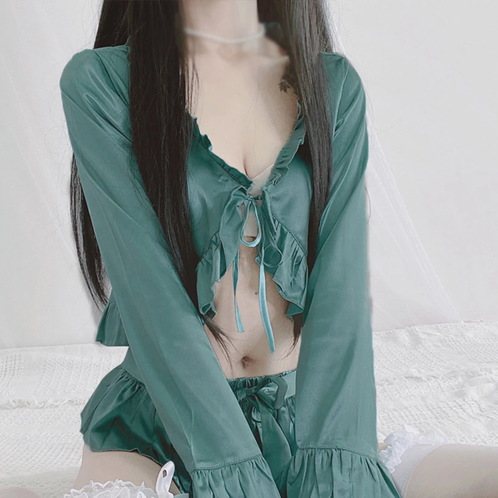 

Женское эротическое сексуальное нижнее белье, 2 предмета, одежда для сна, атласная Шелковая пижама с длинным рукавом и оборками, пижамный ко...