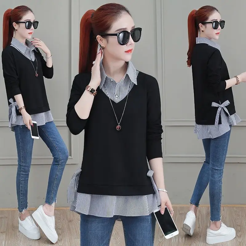 

Pure cotton women's new fake two large women's top 2021 spring autumn Korean loose long sleeve T-shirt Women's T-shirt
