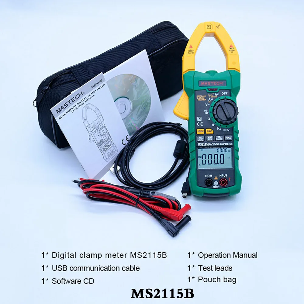 

MASTECH DC AC Current 1000A Digital Clamp Meter True RMS Ammeter NCV Voltage Ohm Tester Multimeter with USB MS2115A 2115B