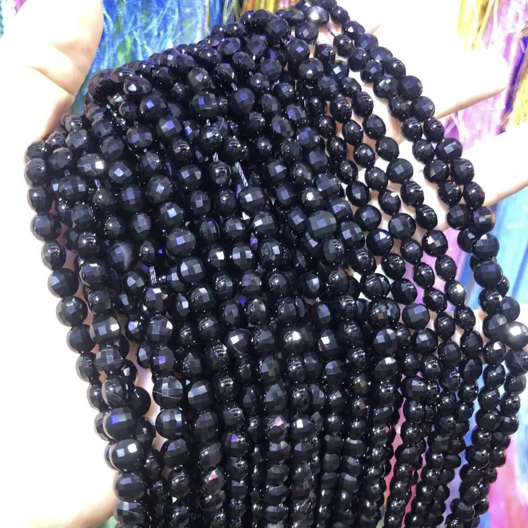 

Natural Stone Black Agates Beaded Faceted oblate shape Loose Spacer Beads For Jewelry Making DIY Necklace Bracelet Accessories