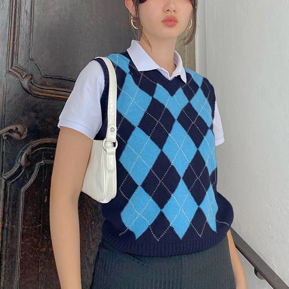 Для женщин Свитер с V образным вырезом эффектом съемной жилетки клетчатая