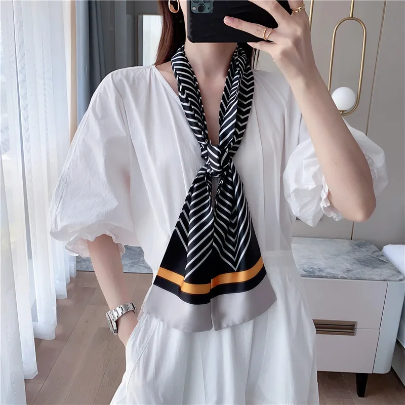 

Корейские шелковые шарфы, декоративный женский шарф Джокер, весна-осень, Маленький Длинный атласный шарф, женские тонкие модные женские шарфы