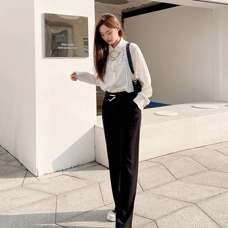 

GALCAUR White Shirts For Women Lapel Long Sleeve Patchwork Sequined Chains Blouses Female Spring Fashion New Clothing 2021 Style