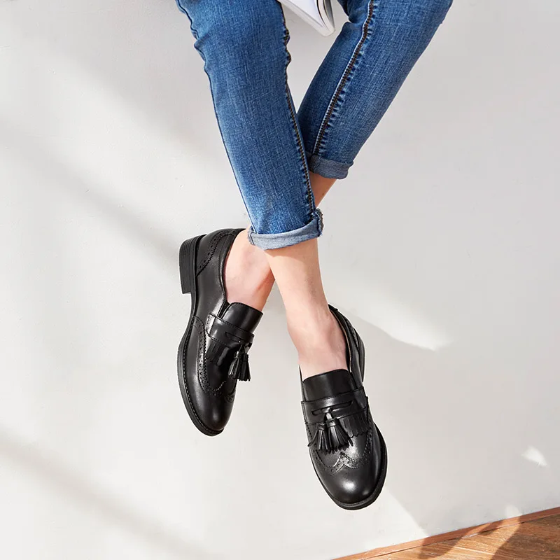 Туфли BeauToday женские с бахромой натуральная телячья кожа броги круглый носок