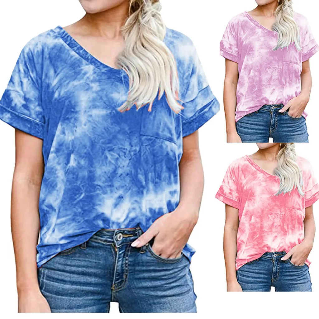 2020 Tie-dye Shirt Women Summer Short Sleeve V-neck T-shirt Casual Tops Tees Verano Mujer Woman Clothing Feminina Camiseta | Женская