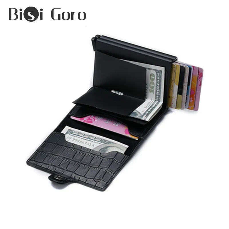 

BISI GORO 2021 Aluminium Double Boxes Card Wallet Business PU Leather Metal RFID Vintage Credit Card Holder For Drop-shipping