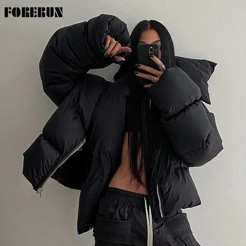 

FORERUN Turtleneck Puffer Jacket Women Winter Short Zip Up Solid Cotton Padded Warm Casual Bubble Coat Manteau Hiver Femme