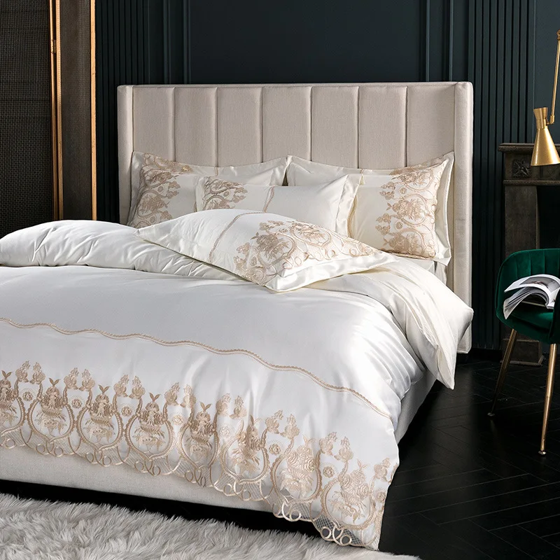 

European-Style Simple Washed Silk 100% Cotton 4-Piece Set Lace Quilt Cover Cotton Bed Sheet Bedding