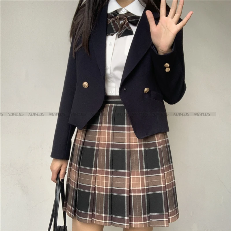 

[Brown Sugar Ginger Tea] Long/Short Sleeve Summer High Waist Plaid Pleated Skirts Women JK School Uniform Students Girls Clothes