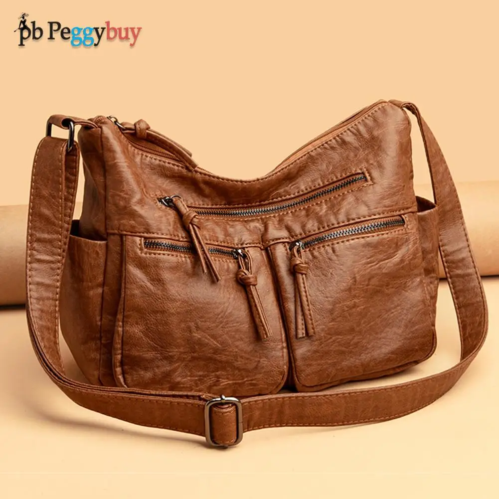 

Vintage Women Crossbody Messenger Bags Vertical Square Leather Solid Color Multi Pockets Female Shoulder Bags