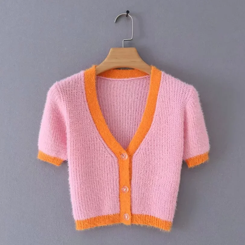Crop sweater women vintage pink cardigan short sleeve sweaters korean ladies tops elegant cropped summer 2022 New |