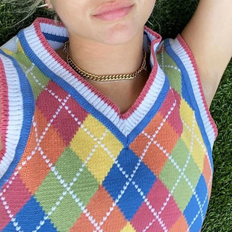 Женский трикотажный жилет без рукавов в стиле преппи Радужный разноцветный