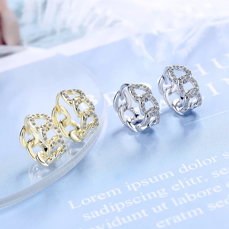 

New Fashion Hoop Earrings for Women Minimalist 925 Sterling Silver Hollow Round Paved AAA Zircon Chain Earring Fine Jewelry Gift
