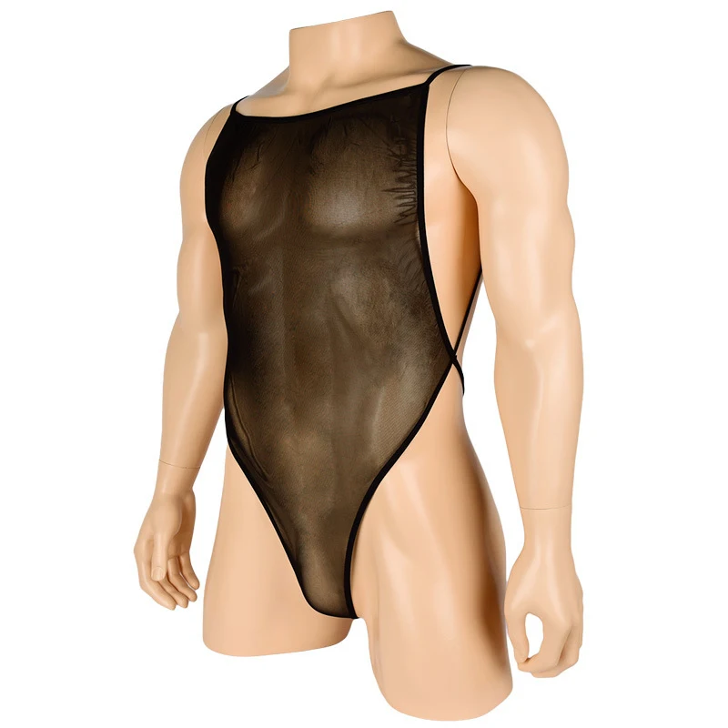Mens Underwear Transparent Ultra Thin Mesh Camisole One Piece Halter Male Bellyband See Throught Sexy Lingerie Backless Bodysuit