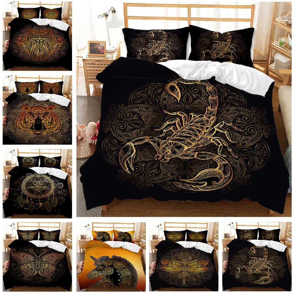 

2021 Luxury bed set HD Digital Golden Bohemian Animal Print Bedding Sets Duvet Cover+Pillowcase 2/3pcs US/AU/EU 12 size