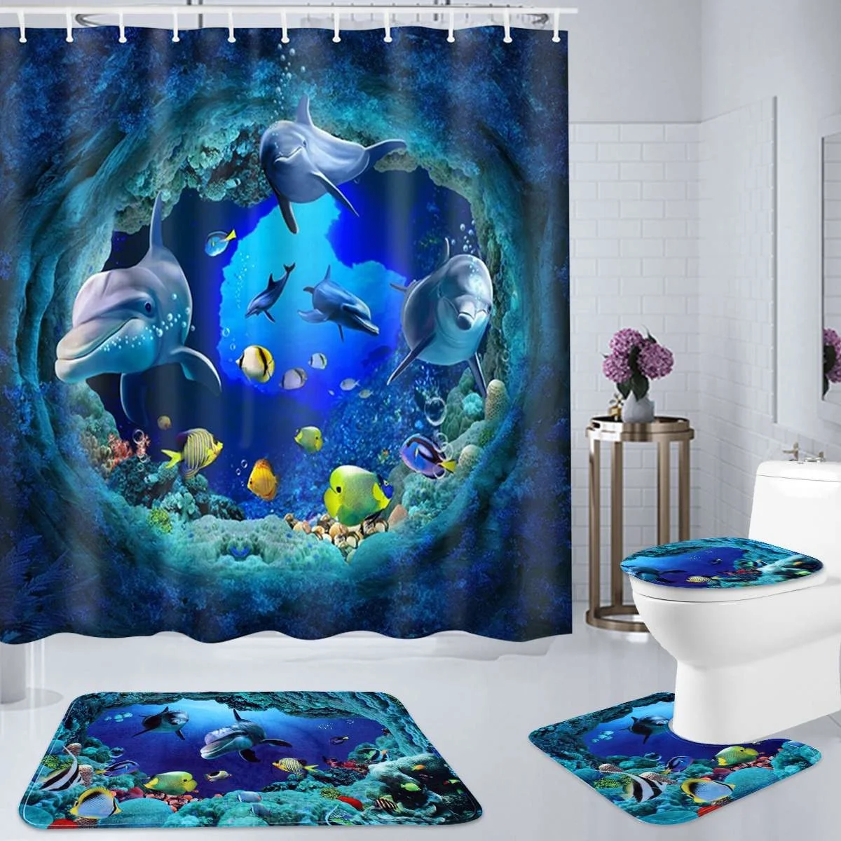 

Hot Ocean Dolphin Shower Curtain Set Polyester Waterproof Bathroom Curtains Pedestal Rug Lid Toilet Cover Bath Mat Set Decor