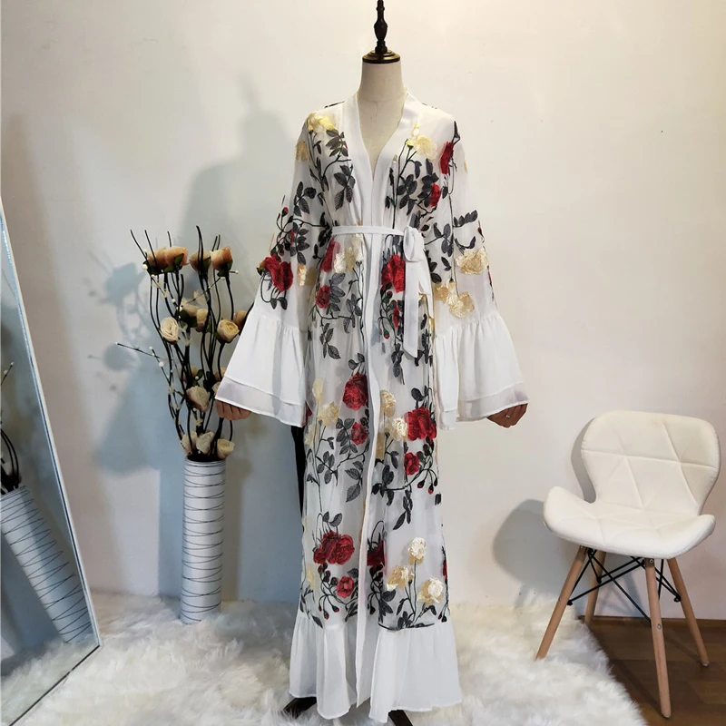 Женский кардиган с цветочным принтом Abaya мусульманское платье макси оборками и