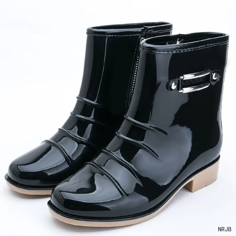 Black Rubber Rain Boots Women wellies PVC Gumboots Vamp Sole Galoshes Rainboots Round Toe Slip On|bota feminina|rainboots womenboots rain |