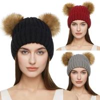 double real fur pom pom hat women winter caps knitted wool hats skullies beanies girls female natural two fur pompom beanie hat