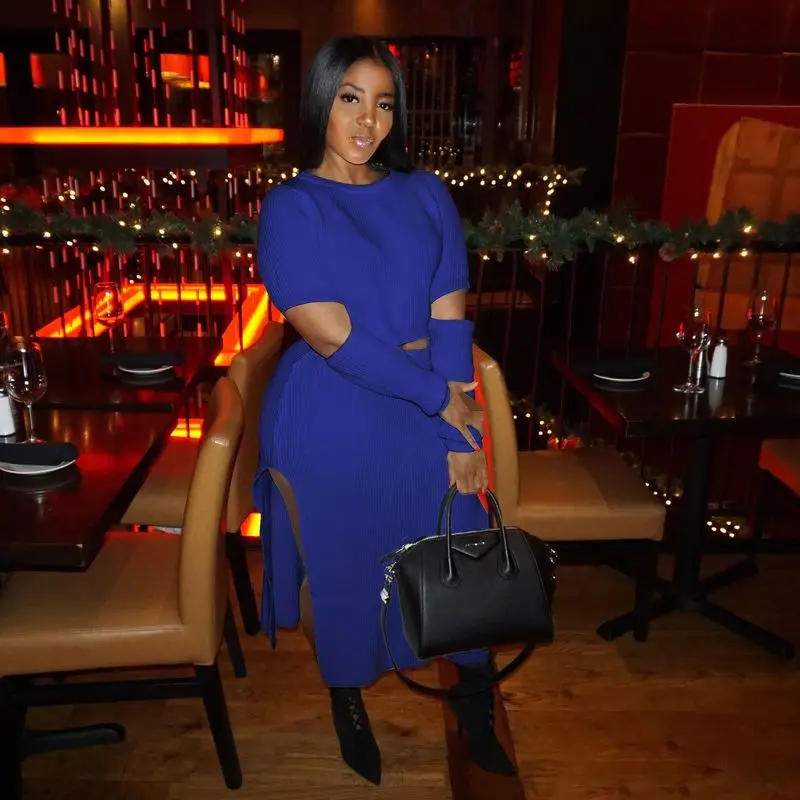 Женский трикотажный комплект из двух предметов в рубчик длинная юбка футболка