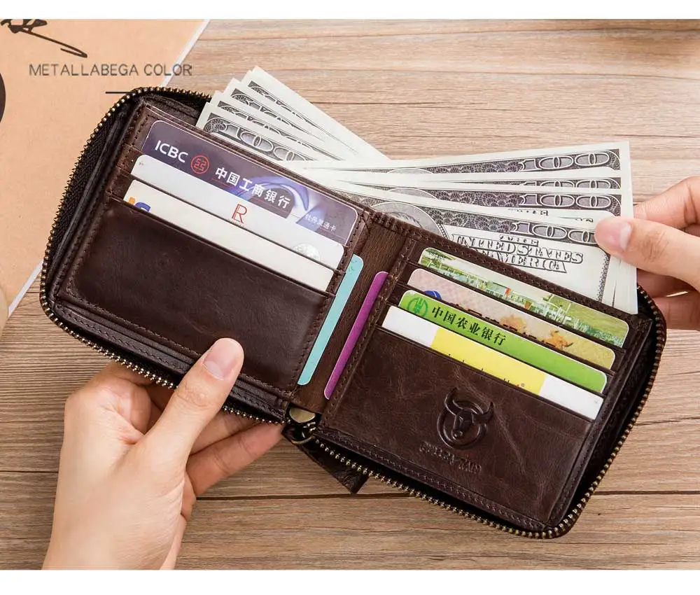 Bullcaptain Ретро RFID молния с отделением мужской кошелек RFID держатель кредитной карты Противоугонный кожаный мини мужской кошелек