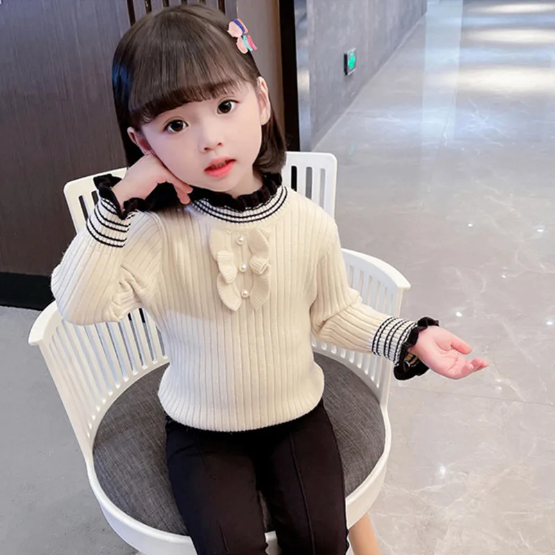 

Baby Girls Full Sleeve Pullover Knitwear Autumn Winter Fashion Pearls Turtleneck Princess Sweater Tops Korean Children Clothes