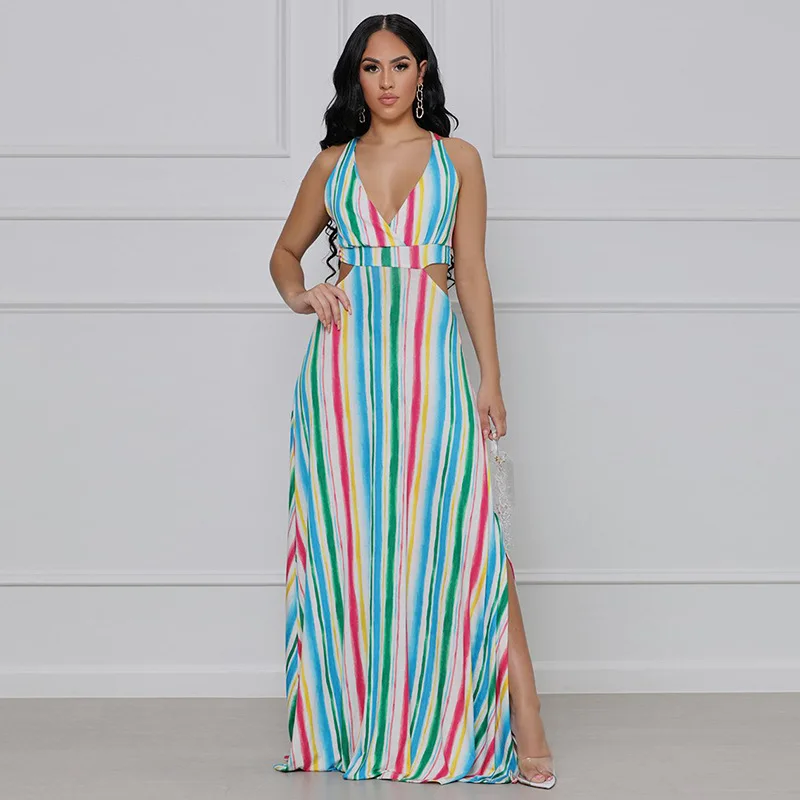 

Fashion Women's Dress New Summer Casual Hot Sale V-neck Hedging Stripe Print Sexy Hollow High Waist Split Sling Dress Donsignet