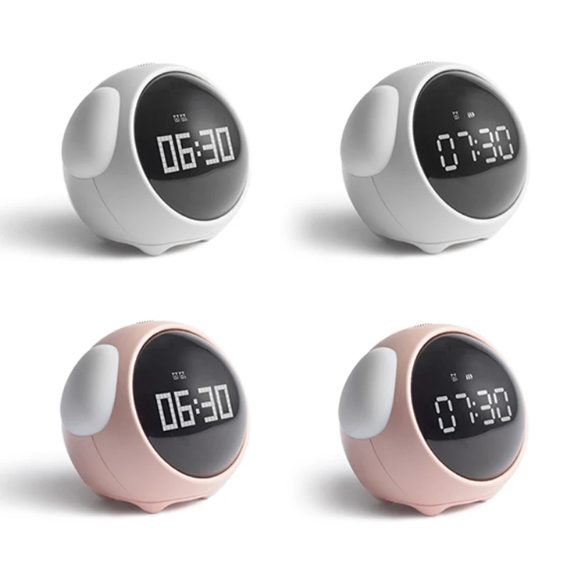 

2021 New Cute Expression Alarm Clock Multifunctional Bedside Voice Control Night Light Snooze Chargeable Child Alarm Clock