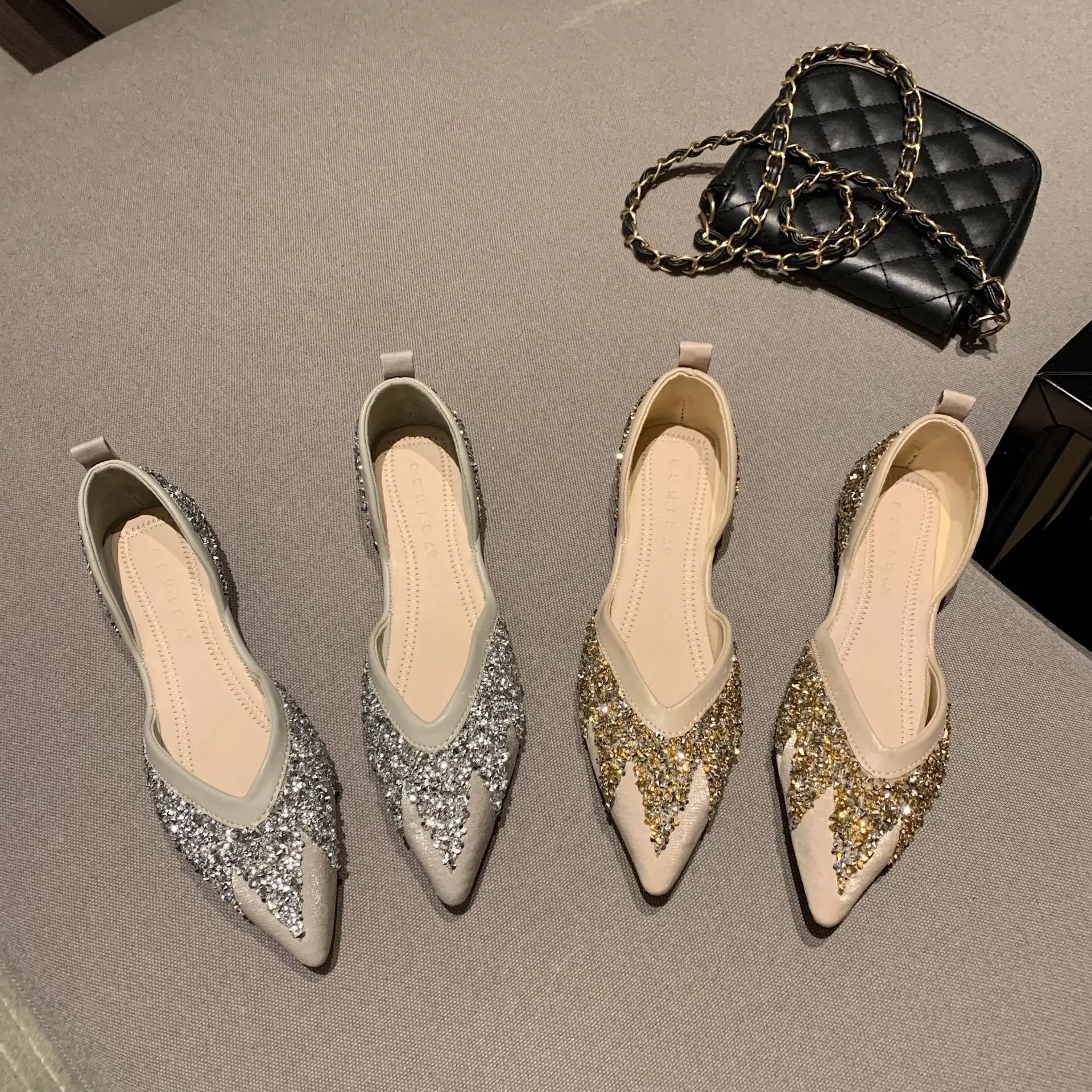 

Women Bridal Wedding Heels Bling Rhinestone Crystal Woman Pumps Low Heel Slip On Flats Single Shoes